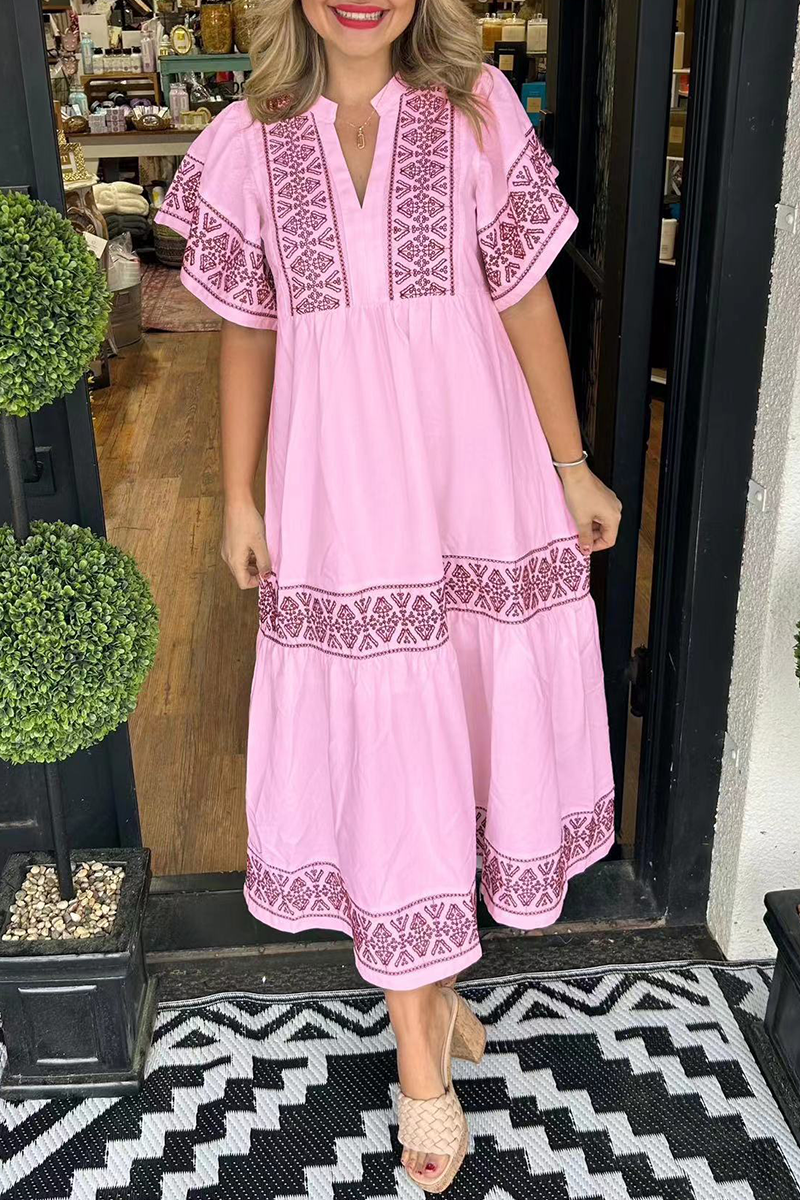 Vestido informal de manga corta con cuello en V y estampado geométrico de patchwork (7 colores)