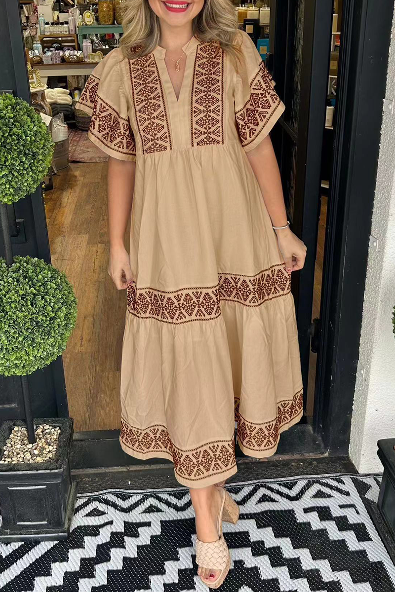 Vestido informal de manga corta con cuello en V y estampado geométrico de patchwork (7 colores)