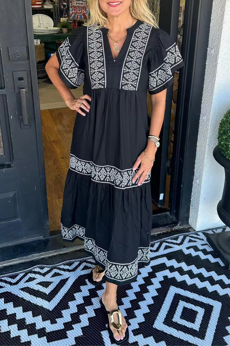 Vestido informal de manga corta con cuello en V y estampado geométrico de patchwork (7 colores)