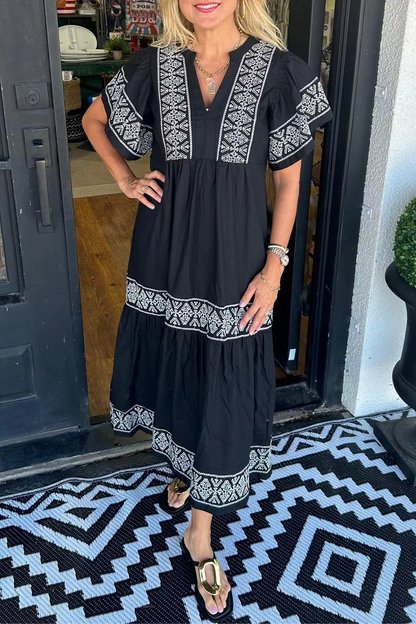 Vestido informal de manga corta con cuello en V y estampado geométrico de patchwork (7 colores)