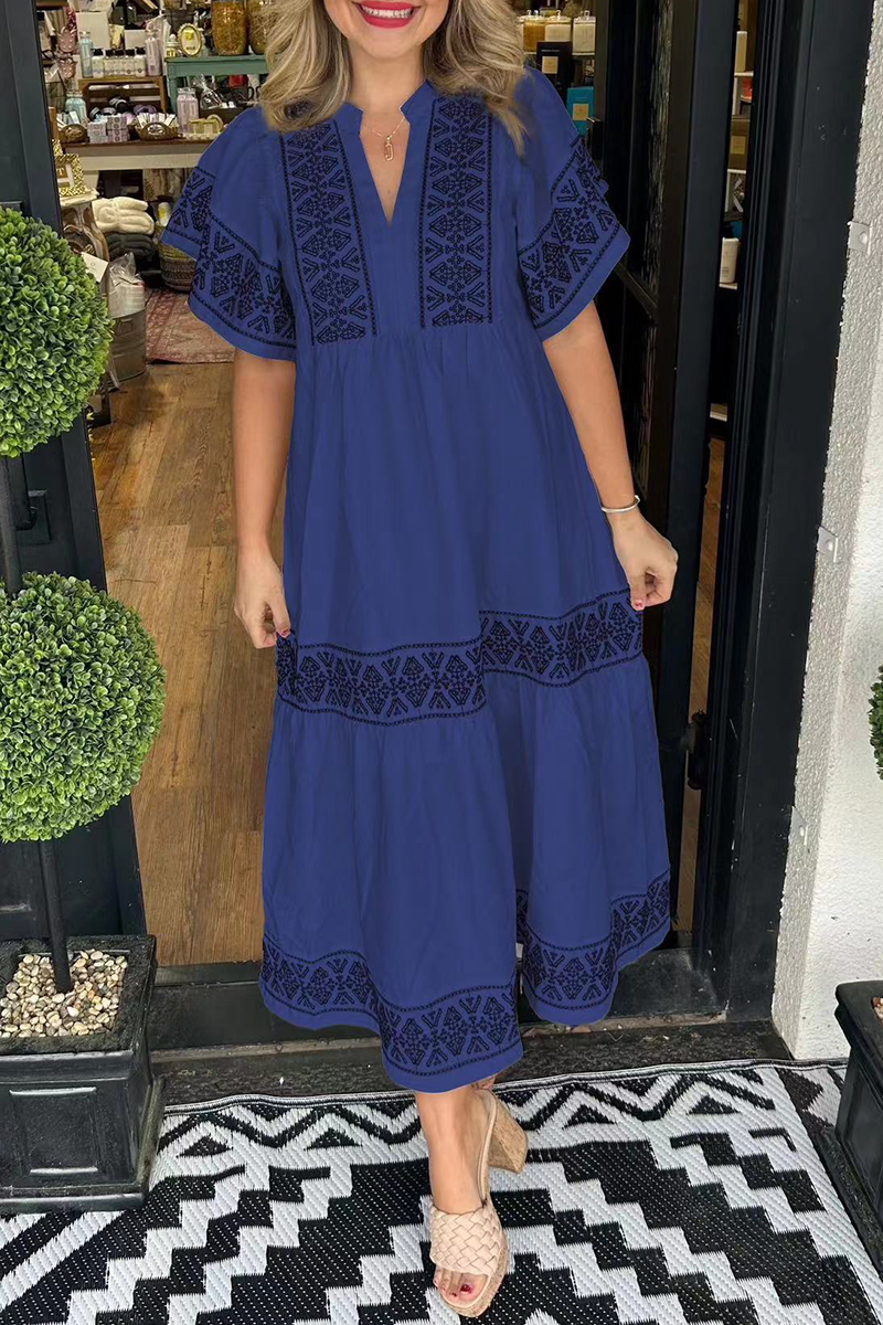 Vestido informal de manga corta con cuello en V y estampado geométrico de patchwork (7 colores)