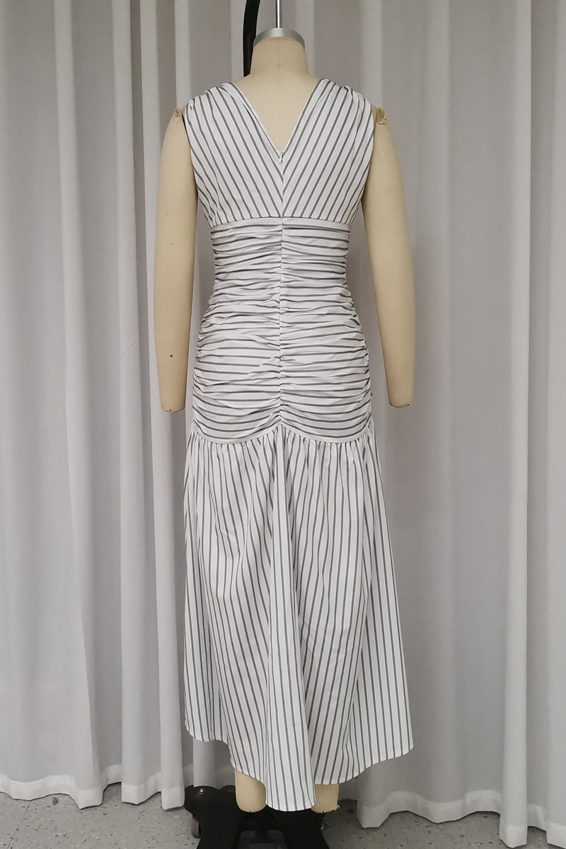Vestidos casuales con falda y escote en V fruncido con cordones y estampado de rayas