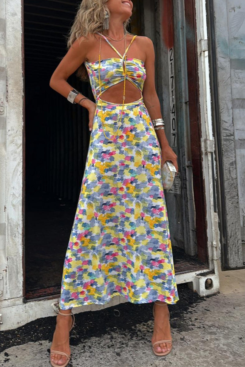 Vestido informal con estampado geométrico, espalda descubierta, escote en V en contraste, falda de un solo paso (dos maneras de usarlo)