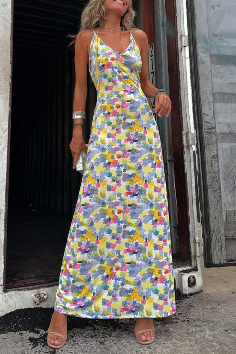 Vestido informal con estampado geométrico, espalda descubierta, escote en V en contraste, falda de un solo paso (dos maneras de usarlo)