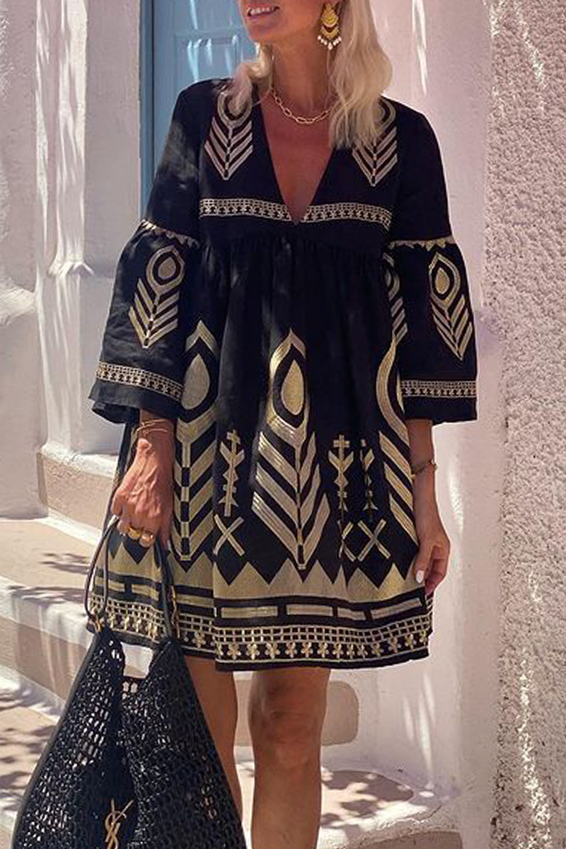 Vestidos casuales de corte A con cuello en V y estampado geométrico