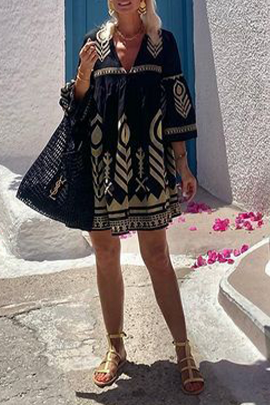 Vestidos casuales de corte A con cuello en V y estampado geométrico