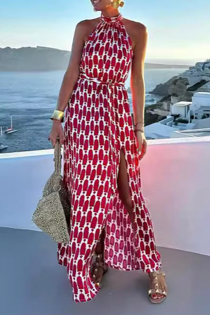 Elegante vestido sin mangas con cuello halter, abertura y cordones con estampado geométrico