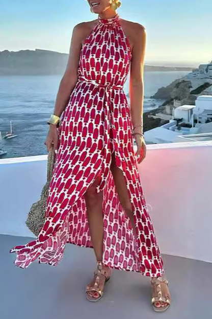 Elegante vestido sin mangas con cuello halter, abertura y cordones con estampado geométrico