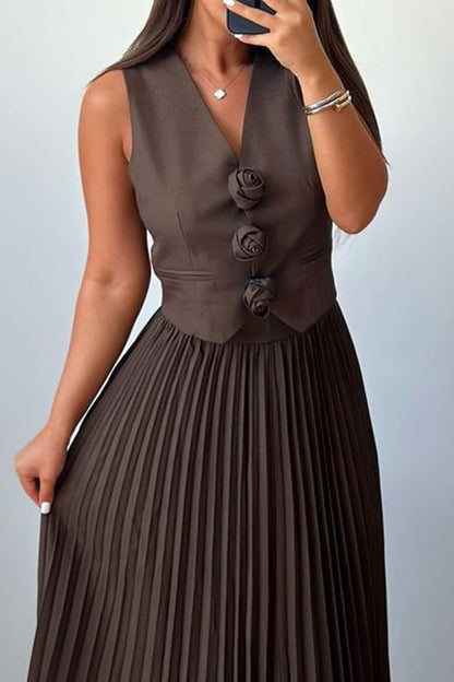 Elegante conjunto de dos piezas con cuello en V fruncido y flores de patchwork sin mangas (4 colores)