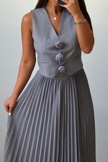 Elegante conjunto de dos piezas con cuello en V fruncido y flores de patchwork sin mangas (4 colores)