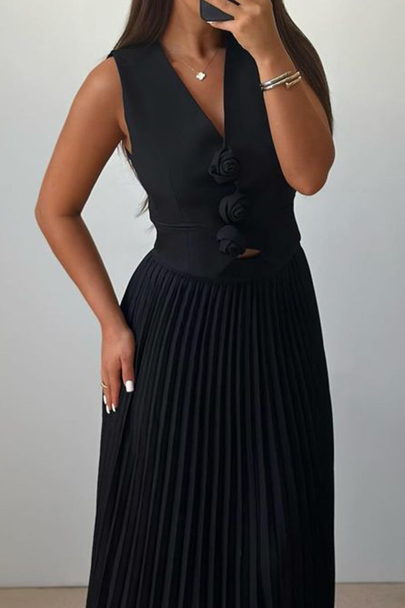 Elegante conjunto de dos piezas con cuello en V fruncido y flores de patchwork sin mangas (4 colores)