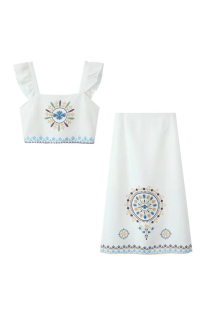 Conjunto informal de dos piezas con cuello cuadrado, volantes y estampado floral para vacaciones
