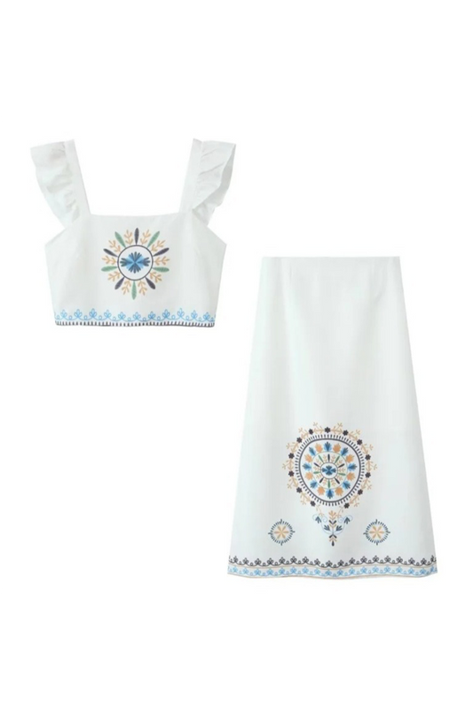 Conjunto informal de dos piezas con cuello cuadrado, volantes y estampado floral para vacaciones