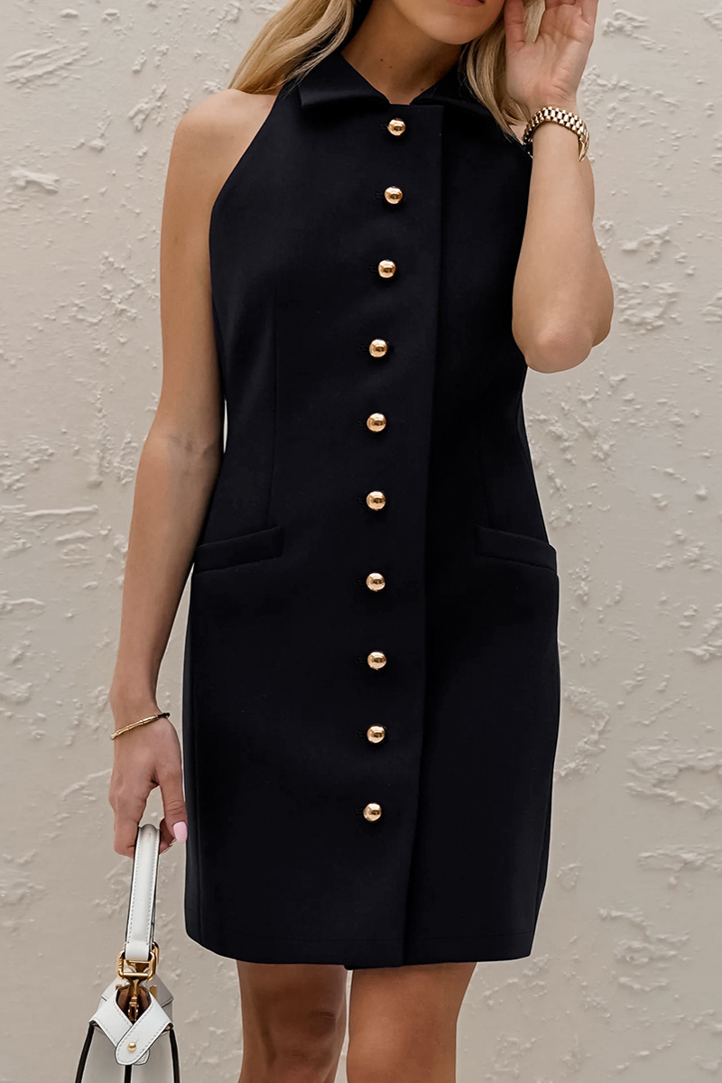 Vestidos elegantes de celebridades con falda lápiz y cuello vuelto con hebilla de color sólido