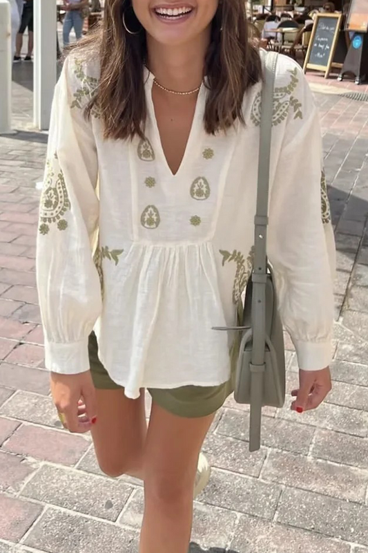 Blusas con cuello en V en contraste y flores bordadas