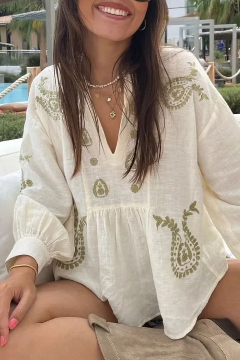 Blusas con cuello en V en contraste y flores bordadas