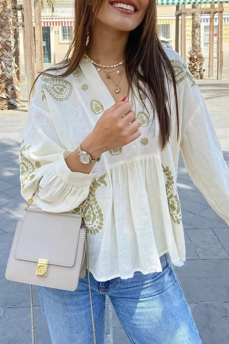 Blusas con cuello en V en contraste y flores bordadas