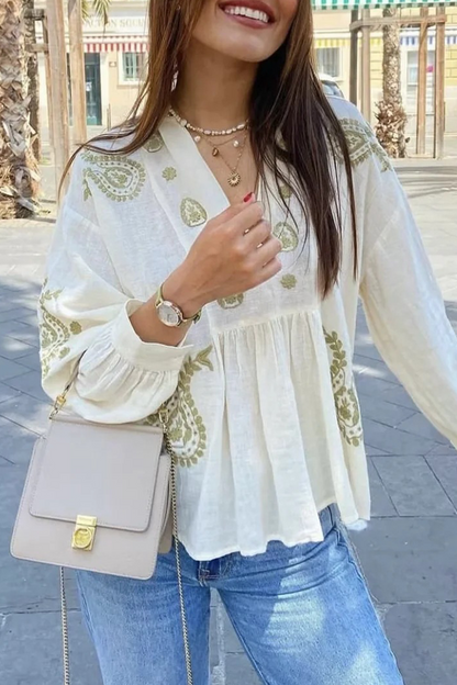 Blusas con cuello en V en contraste y flores bordadas