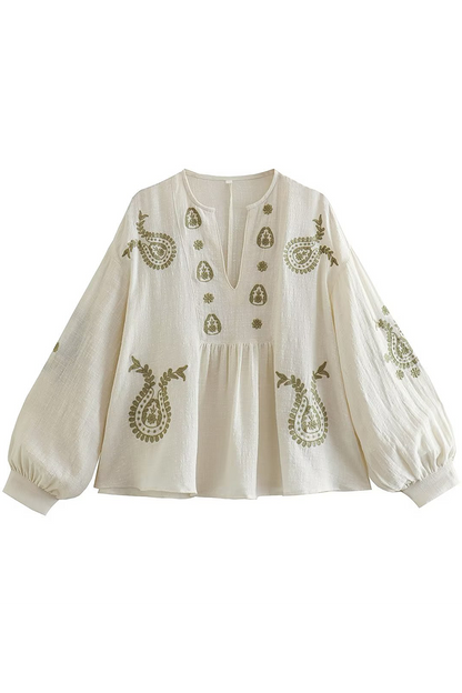 Blusas con cuello en V en contraste y flores bordadas
