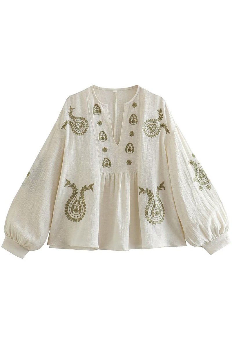 Blusas con cuello en V en contraste y flores bordadas
