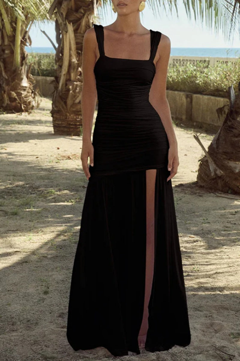 Vestidos largos sexis informales de color liso con espalda descubierta y abertura con tirantes finos fruncidos