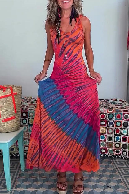 Vestidos sexis de vacaciones con estampado tie-dye, diseño de tirantes y cuello en U en contraste
