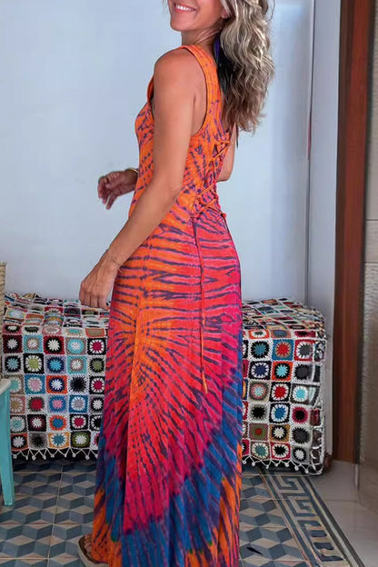 Vestidos sexis de vacaciones con estampado tie-dye, diseño de tirantes y cuello en U en contraste