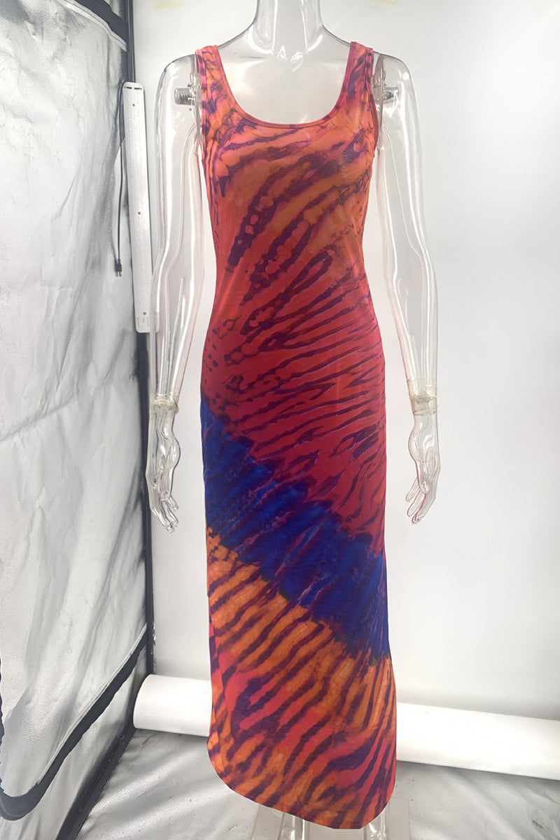 Vestidos sexis de vacaciones con estampado tie-dye, diseño de tirantes y cuello en U en contraste