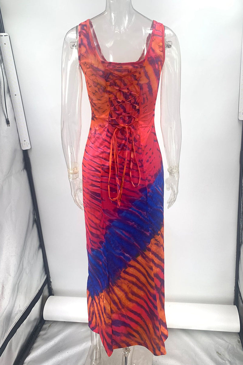 Vestidos sexis de vacaciones con estampado tie-dye, diseño de tirantes y cuello en U en contraste