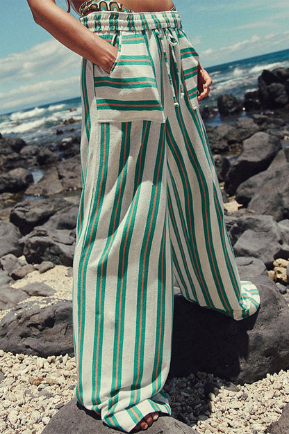 Pantalones casuales de diario con estampado de rayas, bolsillos, cordones, sueltos y rectos, con estampado completo (5 colores)
