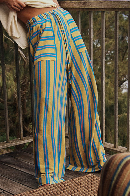 Pantalones casuales de diario con estampado de rayas, bolsillos, cordones, sueltos y rectos, con estampado completo (5 colores)