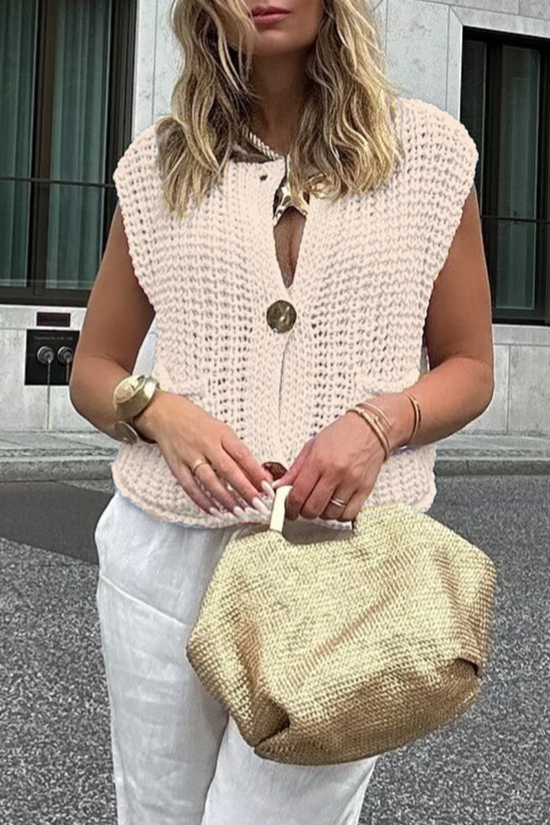 Suéteres casuales de cuello redondo con botones y bolsillos de color liso para uso diario (3 colores)