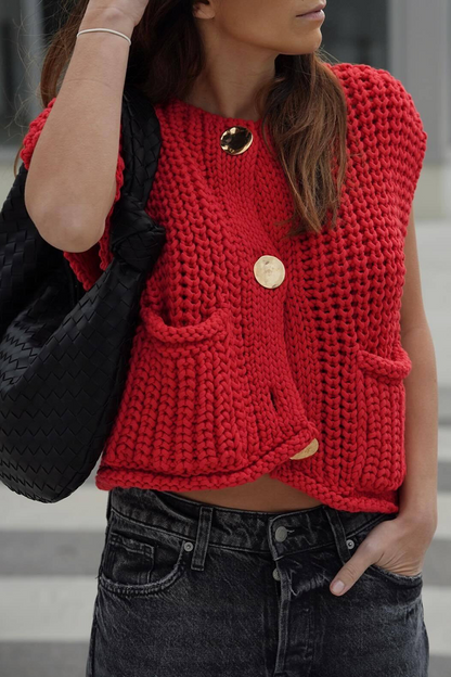 Suéteres casuales de cuello redondo con botones y bolsillos de color liso para uso diario (3 colores)