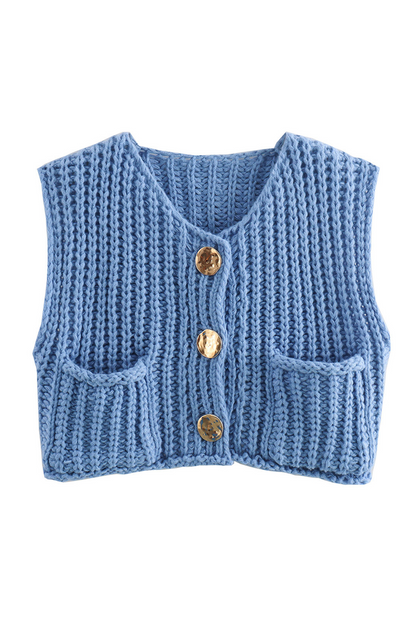 Suéteres casuales de cuello redondo con botones y bolsillos de color liso para uso diario (3 colores)