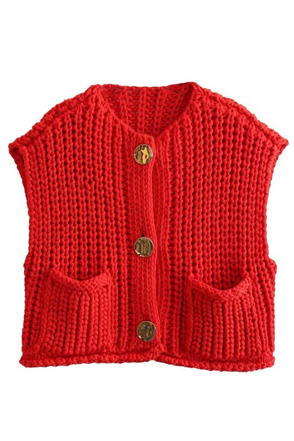 Suéteres casuales de cuello redondo con botones y bolsillos de color liso para uso diario (3 colores)