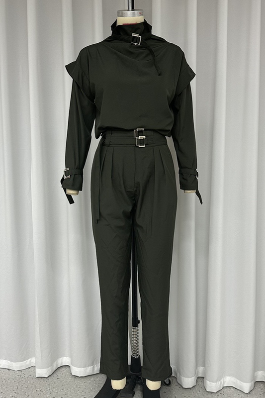 Conjunto informal de dos piezas con cuello alto, manga larga y bolsillos en color liso para calle