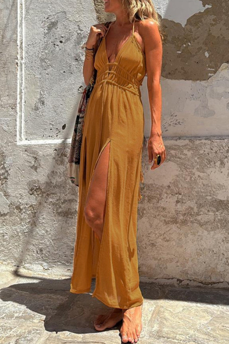 Vestidos sexys de vacaciones de color sólido con diseño de tirantes y aberturas, estilo halter irregular