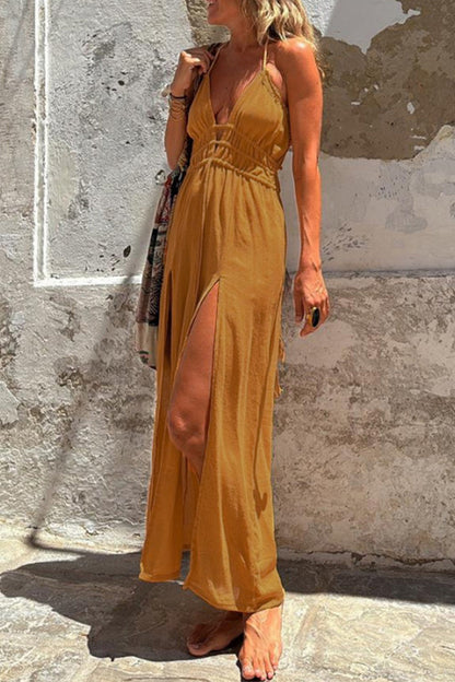 Vestidos sexys de vacaciones de color sólido con diseño de tirantes y aberturas, estilo halter irregular