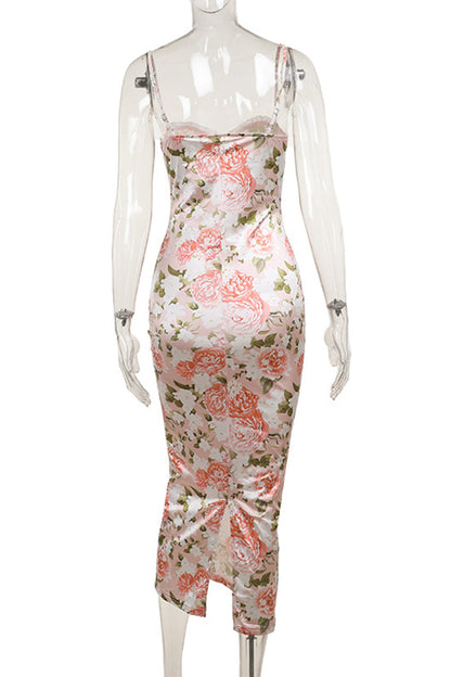 Vestidos sexis de encaje con flores y patchwork con abertura y escote en V, falda de un solo paso