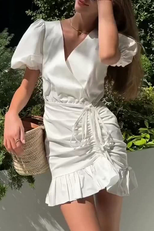 Vestidos casuales de uso diario con cuello en V fruncido, cordón ajustable y línea A en color sólido