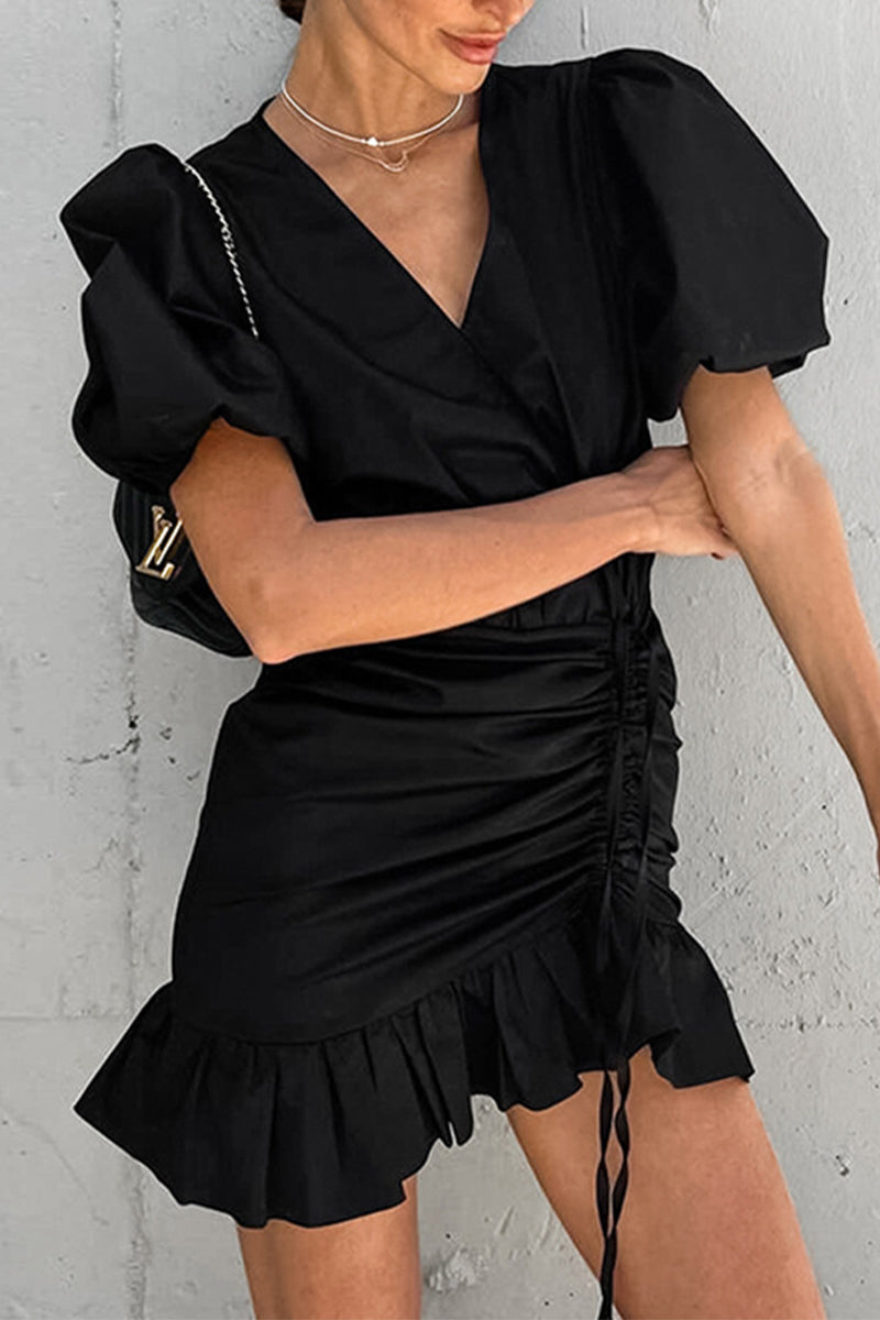 Vestidos casuales de uso diario con cuello en V fruncido, cordón ajustable y línea A en color sólido