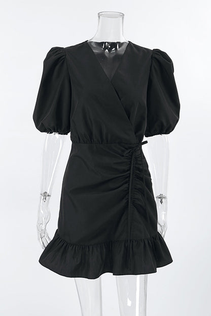 Vestidos casuales de uso diario con cuello en V fruncido, cordón ajustable y línea A en color sólido