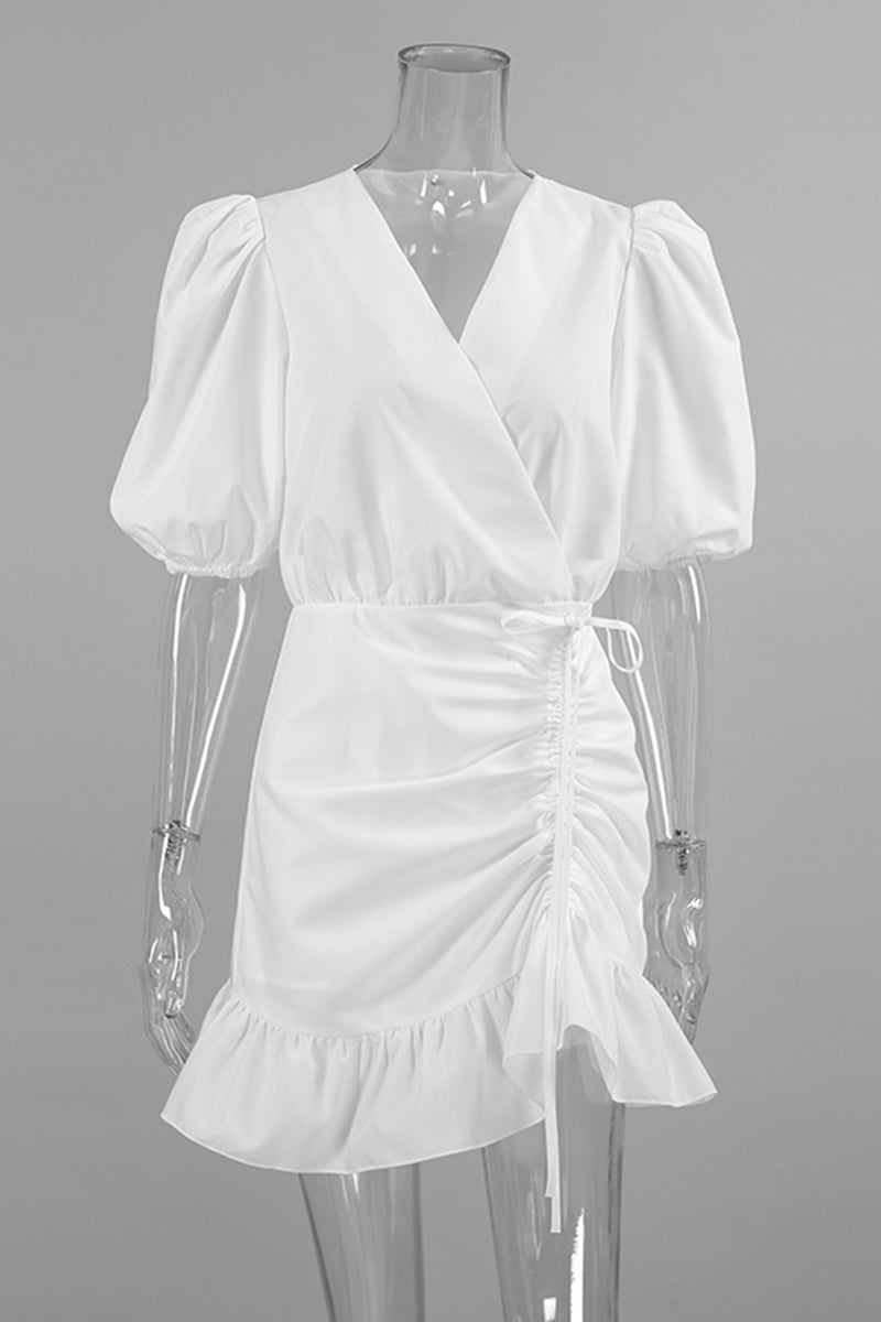 Vestidos casuales de uso diario con cuello en V fruncido, cordón ajustable y línea A en color sólido