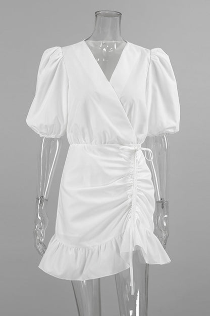 Vestidos casuales de uso diario con cuello en V fruncido, cordón ajustable y línea A en color sólido