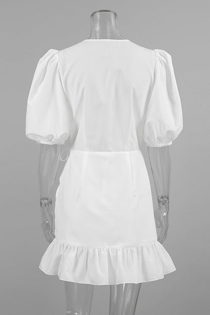 Vestidos casuales de uso diario con cuello en V fruncido, cordón ajustable y línea A en color sólido
