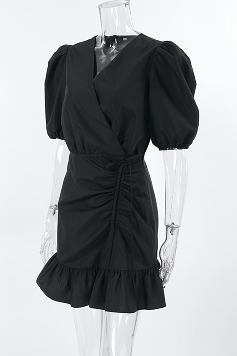 Vestidos casuales de uso diario con cuello en V fruncido, cordón ajustable y línea A en color sólido