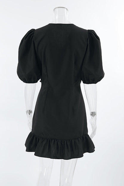 Vestidos casuales de uso diario con cuello en V fruncido, cordón ajustable y línea A en color sólido