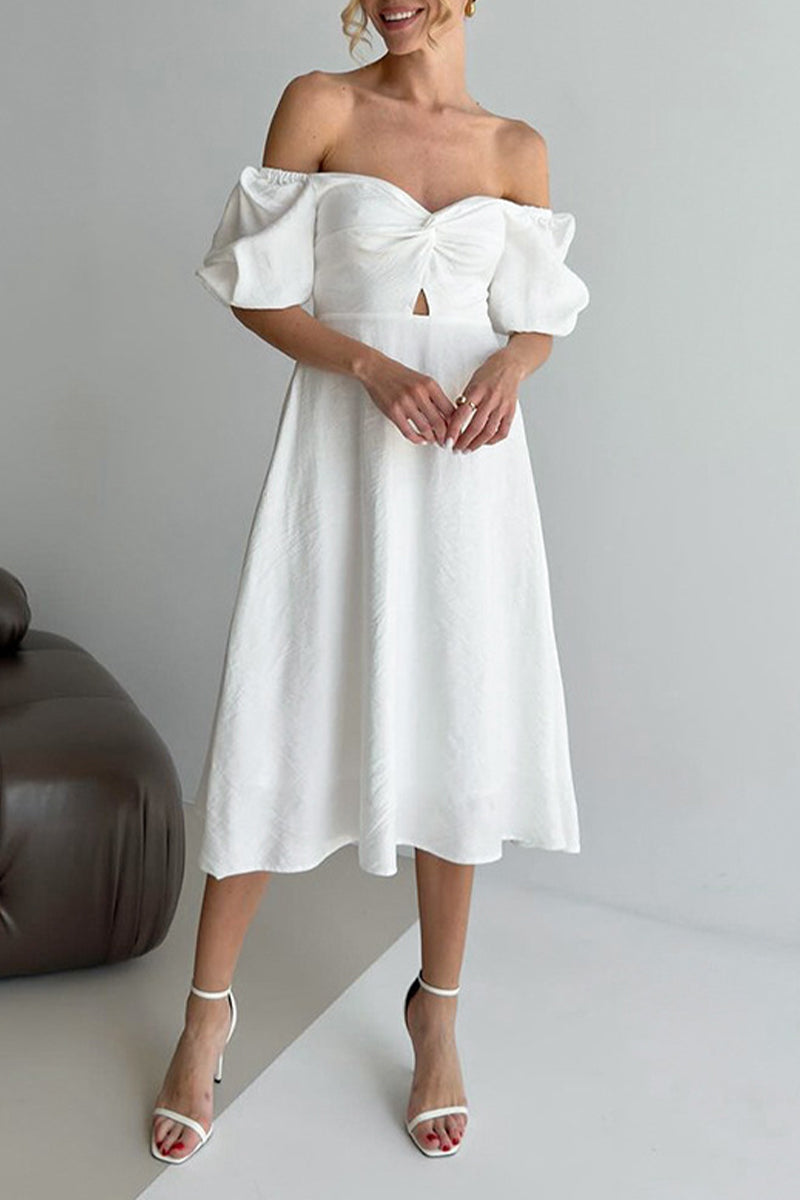 Elegantes vestidos de corte A con hombros descubiertos y fruncidos en color liso