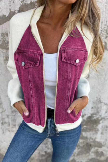 Prendas de abrigo informales de color liso con cremallera y cuello vuelto en contraste (8 colores)