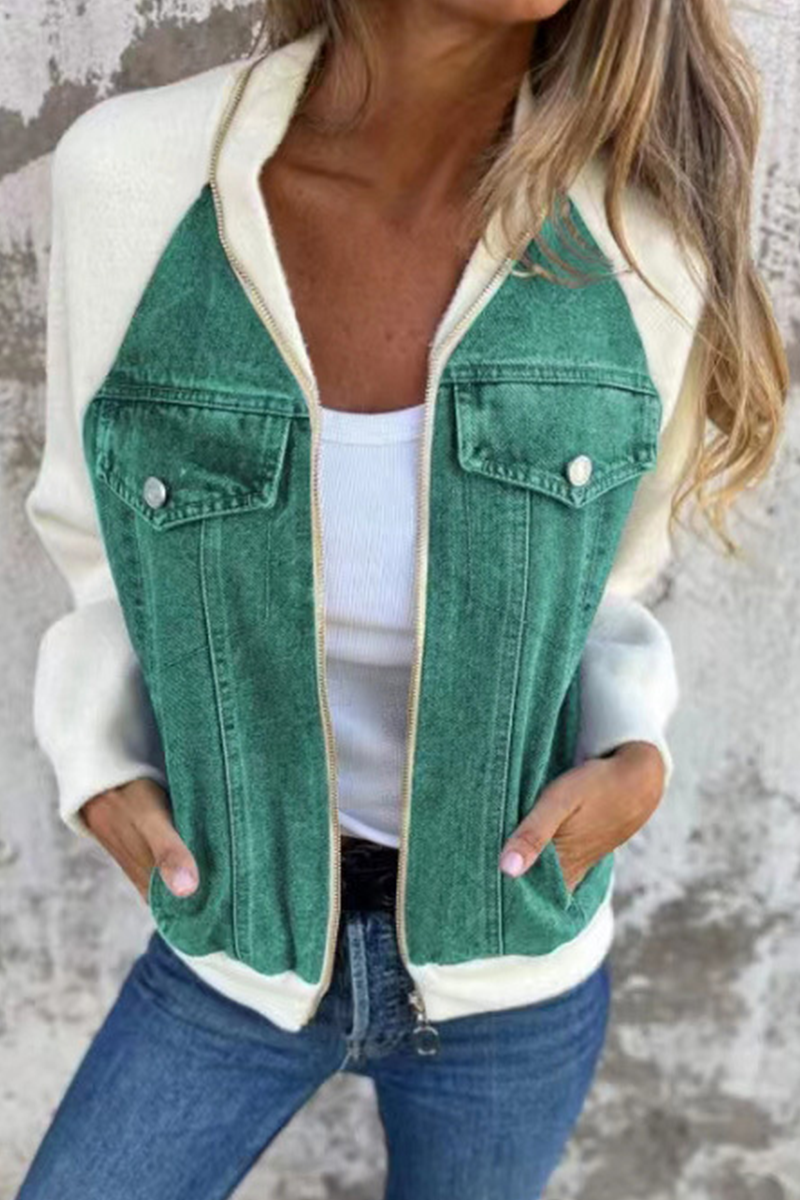 Prendas de abrigo informales de color liso con cremallera y cuello vuelto en contraste (8 colores)